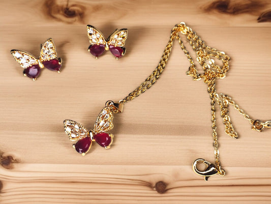 Butterfly Red Luxury Stone Necklace with Studs